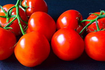 Wall Mural - Ripe red tomatoes on a branch on a black background