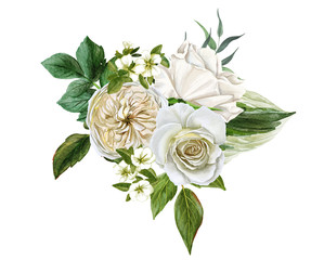 Sticker - White flowers bouquet, roses and leaves, hand drawn