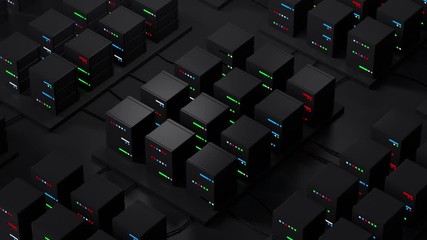 Wall Mural - dark 3d render of abstract database. server stack concept. data processing center. loopable animatio