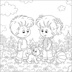 Wall Mural - Smiling little children talking and walking together with a cheerful grey puppy in a pretty town park on a sunny summer day, black and white vector cartoon illustration for a coloring book page