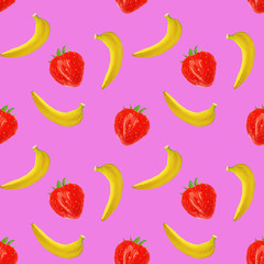 gouache seamless pattern with fruits and berries bananas and strawberry on a pink background, vegetarian pattern for for diet, healthy eating. Use as restaurant menu, packaging, product design,textile