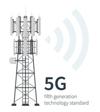 Flat Vector Illustration Of Fifth Generation Mast Base Stations On White Background, 5G Mobile Data Towers, Telecommunication Antennas And Signal, Cellular Equipment.