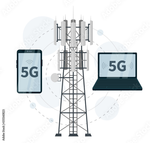 Fotomural 5G mast base station, smartphone and laptop as network clients on white backgrou
