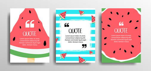 Quote frames set of blank templates with summer themes on a watermelon background. Text in brackets, quote from empty speech bubbles, quotes. summer, layout design, greeting card, cover, banner