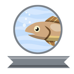 Wall Mural - Logo of fish in circle. Blue water with bubbles. Ribbon for text. Flat cartoon. Element of fishing and fish restaurant. Gray marine animal underwater