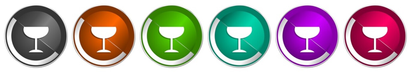 Fototapete - Alcohol icon set, silver metallic chrome border vector web buttons in 6 colors options for webdesign