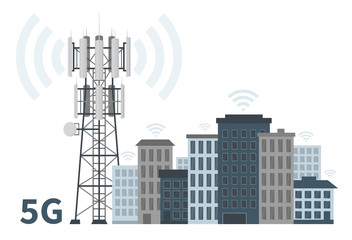 Innovative smart city of future with 5G base station mast on white background, flat vector illustration of telecommunication antennas and signal, cellular equipment and mobile data towers.