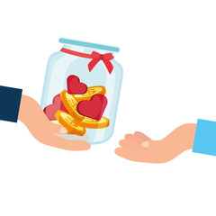 Canvas Print - charity donation jar with hearts and coins