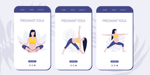 Vector mobile site or mobile app onboarding screens for yoga lovers. Yoga asana poses for woman expecting a baby. Healthy pregnance concept. Pregnant woman doing yoga exercises and yoga poses.