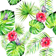 Poster - palm leaves pattern, watercolor on a white