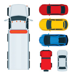 Cars top view. Different cars top view flat style vector illustrations set.