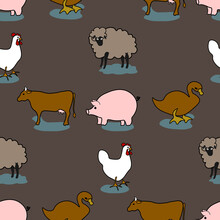 Chicken Sheep Cow Pig Duck Simple To Edit Seamless Pattern Hand Drown