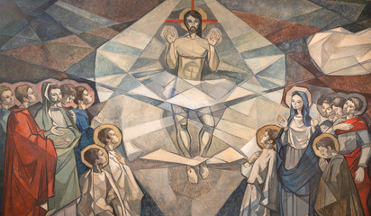 BARCELONA, SPAIN - MARCH 5, 2020: The modern fresco of Ascension of the Lord in church Santuario Maria Auxiliadora i Sant Josep by Fidel Trias Pages and Raimon Roca (1966).