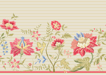 Seamless Pattern With Stylized Ornamental Flowers In Retro, Vintage Style. Jacobin Embroidery Imitation. Colored Vector Illustration On Beige Stripes Background.