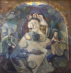 Fototapete - BARCELONA, SPAIN - MARCH 5, 2020: The modern fresco The miracle at the wedding at Cana in church Santuario Maria Auxiliadora i Sant Josep by Fidel Trias Pages and Raimon Roca (1966).