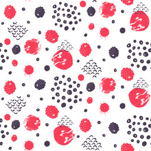 Abstract Raspberry And Blackberry Seamless Pattern Design With Grunge Elements And Doodles