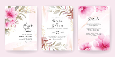 Floral background card. Wedding invitation template set with flowers & glitter decoration for save the date, greeting, poster, and cover design