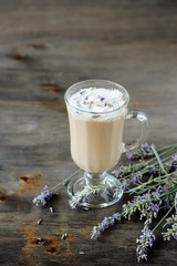 Sticker - Lavender Coffee latte with homemade syrup. Violet or Lavender Raf  . Soft focus. lavender raf. Place for text. Copy Space