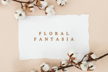 Wall Mural - cotton flower branch with a white card mockup on a beige background