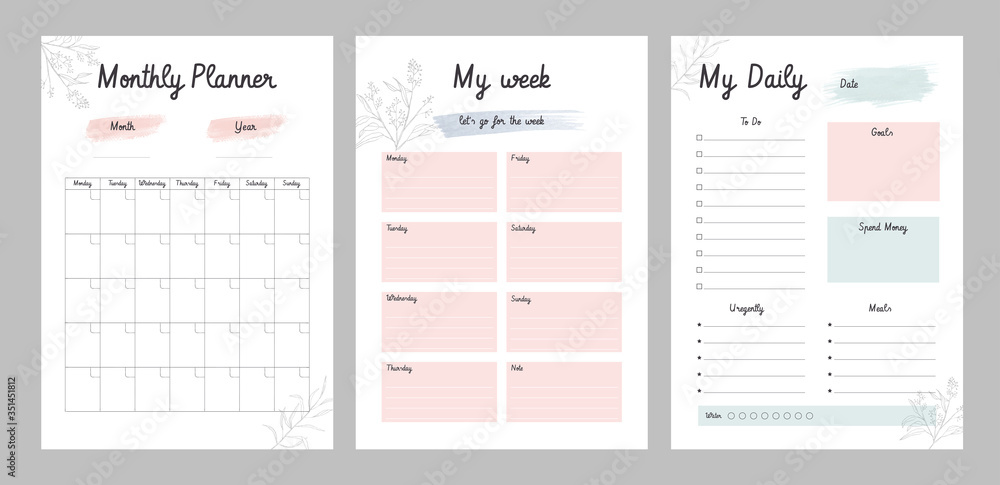 3 Set of minimalist planners. Daily, weekly, monthly planner template. 
Cute and simple printable to do list. Business organizer page. Paper sheet. Realistic vector illustration. - obrazy, fototapety, plakaty 