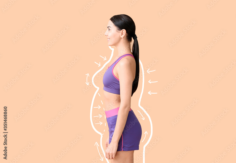 Young woman after weight loss on color background - obrazy, fototapety, plakaty 