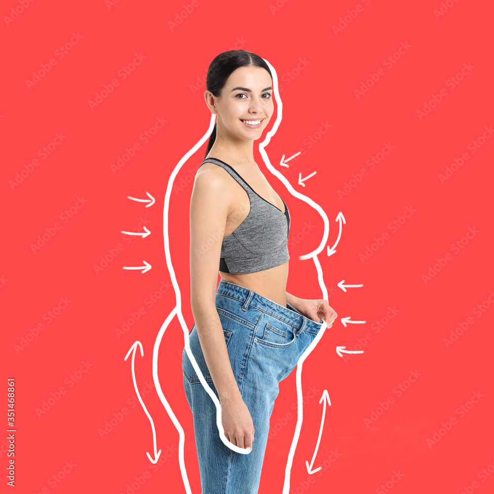 Young woman in loose clothes after weight loss on color background - obrazy, fototapety, plakaty 