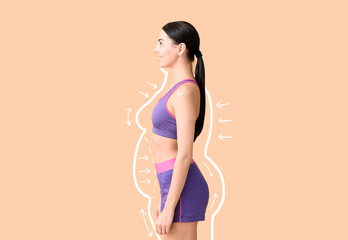 young woman after weight loss on color background