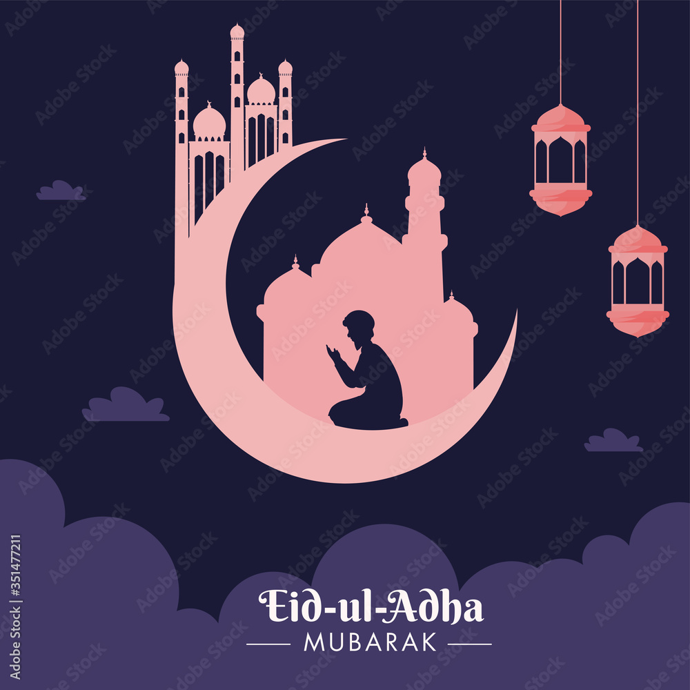 Pink Crescent Moon with Mosque, Silhouette Muslim Man Praying and ...