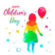 Watercolor color girl silhouette with child with balloon on white background, holiday clipart. International children's day greeting card. Vector illustration baby, daughter, girl in a fluffy skirt.