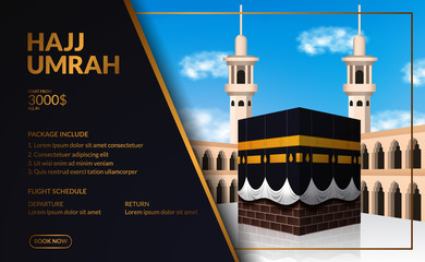 modern elegant luxury hajj and umrah tour travel poster, flyer, banner template with kaaba realistic illustration with blue sky.