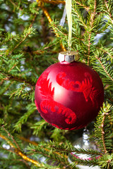 Canvas Print - decorated red ball on natural christmas tree close-up indoor