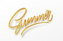 3D Realistic Golden Shiny Metallic Summer Handwriting Lettering Isolated On White Background. Vector Illustration