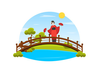 Sticker - Japanese Girl in Traditional Kimono Dress Standing on Wooden Bridge Vector Illustration