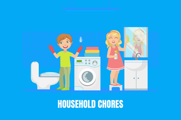 Sticker - Household Chores, Cute Boy and Girl Cleaning Bathroom and Toilet with Brush, Children Doing Housework, Lavatory Room Interior Vector Illustration