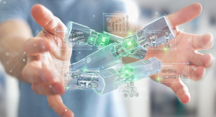 Poster - Man holding and touching green renewable energy battery 3D rendering