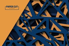 Abstract Background With Cut Out Triangles Of Different Sizes In Paper Cut Style. Layered 3d Backdrop With Triangular Holes. Vector Card Illustration In Blue And Orange Shapes Cut Out From Cardboard.