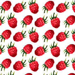 Poster - Seamless watercolor pattern with funny raspberries on the white background, aquarelle. illustration. Hand-drawn background. Useful for invitations, scrapbooking, design.