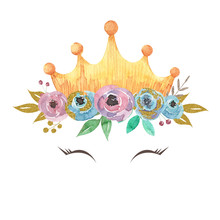 Hand Drawn Watercolor Little Princess Crown With Floral Arrangement And Eyes Lashes