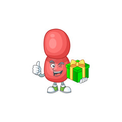 Sticker - Happy smiley neisseria gonorrhoeae cartoon mascot design with a gift box