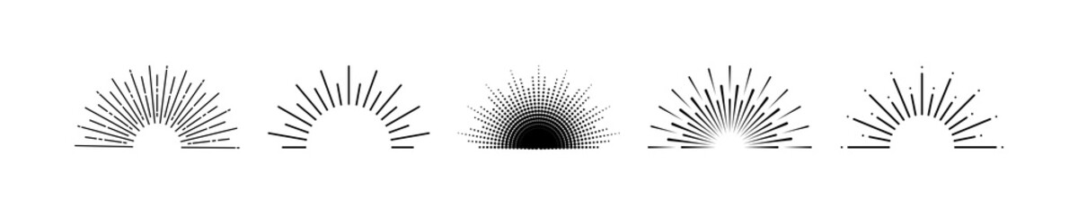 Sunburst and sunrise, line illustration. Sun rays collection. Sunburst. Sunrise. Sunburst or sunrise in flat design. Vector illustration