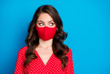 Closeup Photo Of Pretty Curly Lady Closed Half Face Big Eyes Look Side Empty Space Wear Dotted Red Blouse Dress Protective Facial Respiratory Mask Isolated Blue Color Background