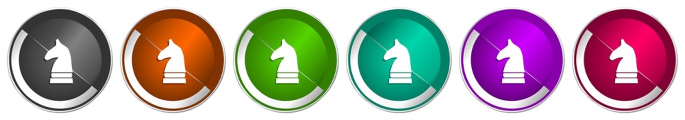 Fototapete - Chess horse icon set, silver metallic chrome border vector web buttons in 6 colors options for webdesign