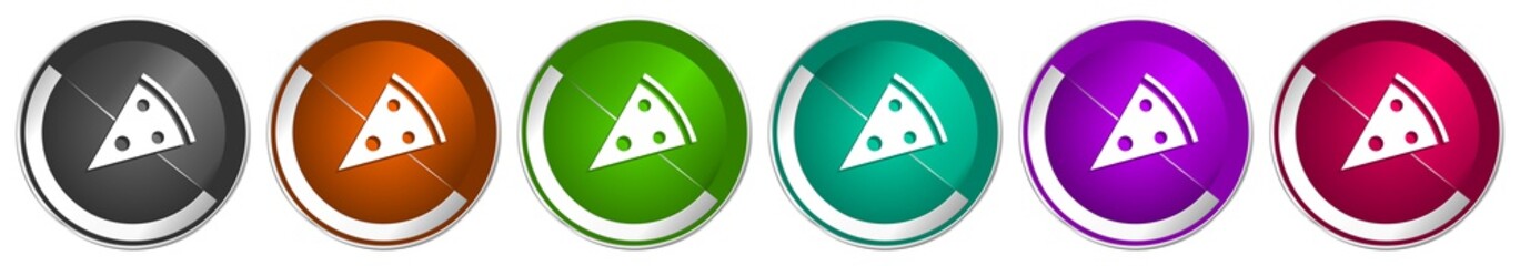 Poster - Pizza icon set, food, restaurant silver metallic chrome border vector web buttons in 6 colors options for webdesign