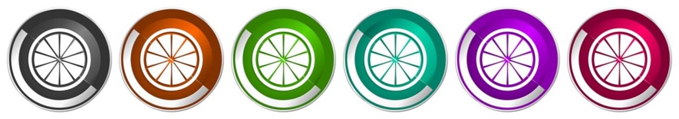 Fototapete - Lemon icon set, fruit, fresh citrus silver metallic chrome border vector web buttons in 6 colors options for webdesign