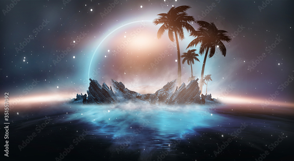 Futuristic night landscape with abstract landscape and island, moonlight, shine. Dark natural scene with reflection of light in the water, neon blue light. Dark neon circle background. - obrazy, fototapety, plakaty 