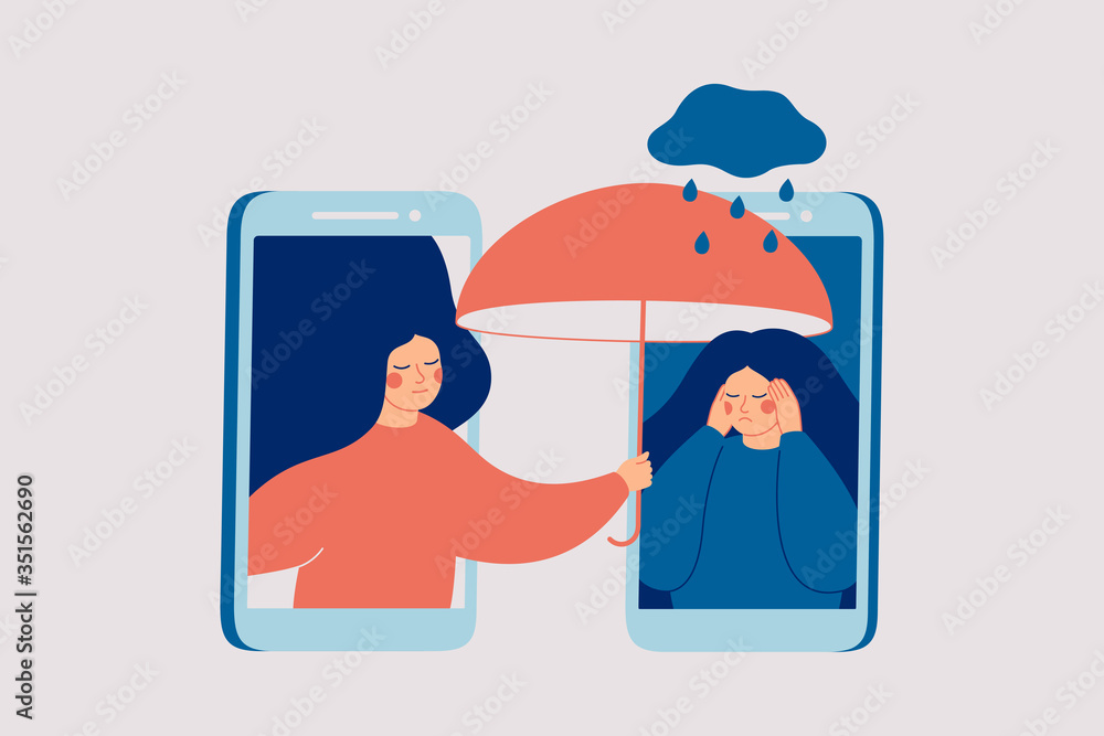 Girl comforts her sad friend over the phone. Woman consoles and cares about girl with psychological problems. Concept of support and aid for people under stress and depression over online services. - obrazy, fototapety, plakaty 