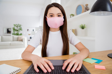 Sticker - Closeup photo of little pupil school lady talk notebook online lesson video meeting teacher classmates sit desk use respiratory facial mask distance quarantine study house room indoors