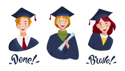 Wall Mural - Happy graduate students in academic dresses and graduation caps. Boys and girls celebrating university graduation. Graduate vector concept. Education. Young successful student. Congratulation banner