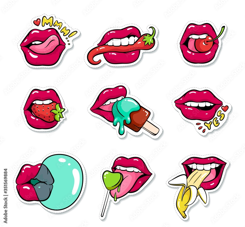 Set of female mouths with lipstick cartoon pop art style - obrazy, fototapety, plakaty 