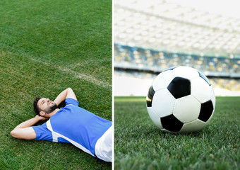 Wall Mural - collage of professional soccer player in blue and white uniform lying on grass and ball on football pitch at stadium